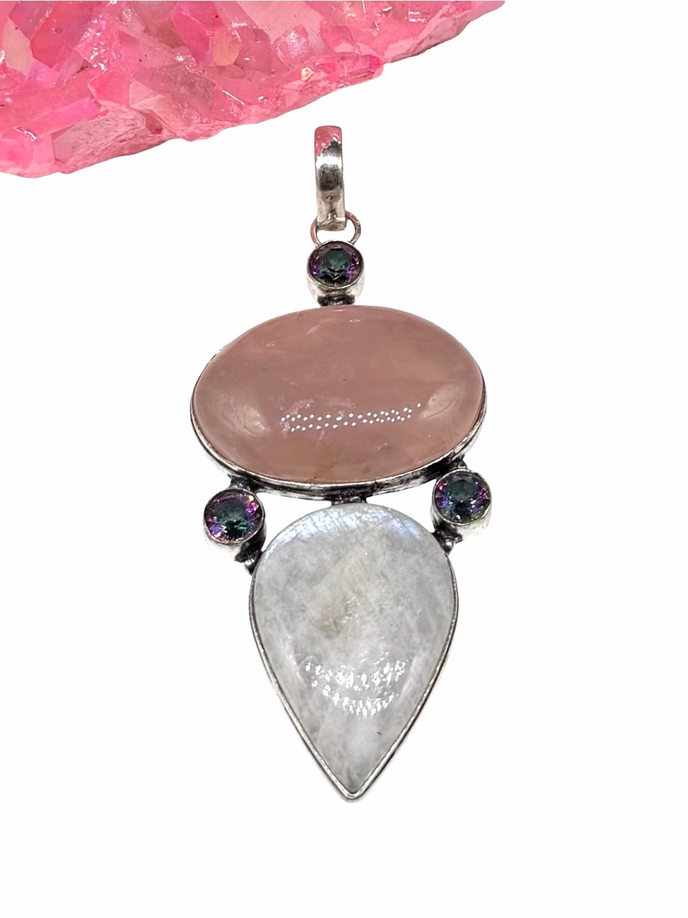 Rose Quartz Rainbow Moonstone Mystic Topaz Necklace Pendant 925 Sterling Overlay